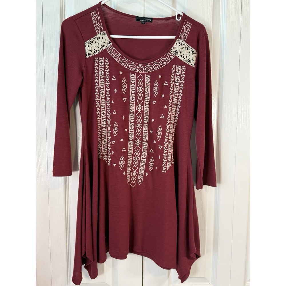 Boho Tunic Top RXB Women's Small Burgundy 3/4 Sleeve Crochet Lace Aztec Print